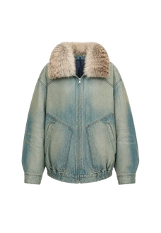 Firelady Fur Warm Mist Glass women's Blue denim parka with SAGAFURS fox fur collar front cutout