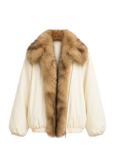 Fireladyfur Day and Night Rider off-white down jacket with contrasting fox fur collar front cutout