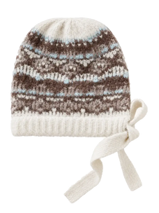 Women's khaki jacquard wool knit hat with tassel, transparent product view