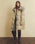 Model wearing Firelady Fur Blue Winter Style light apricot 90% goose down parka with detachable fox fur collar front view