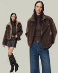 Model wearing Firelady Fur Wander Free chestnut brown denim parka with detachable fur collar front styling