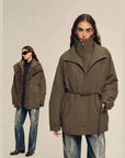 Model wearing Firelady Fur The Wizard of Oz gray green detachable Toscana shearling lined parka jacket
