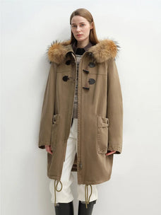 Model wearing Letrans Muye Kingdom Yellowish Green down parka with detachable raccoon fur collar front view