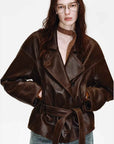 Firelady Fur Women's Waxed Sheepskin Biker Coat - Belted Asymmetric Lapel "Peninsula Black Tea" - variant_title