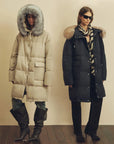 Firelady Fur Blue Winter Style light apricot and Dark Blue down parkas with detachable fox fur collars on models
