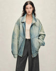 Firelady Fur Warm Mist Glass Blue denim parka with SAGAFURS fox fur collar open front model view