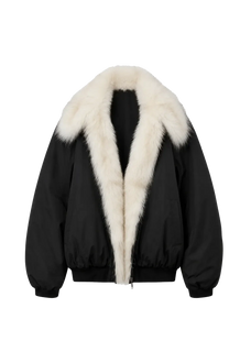 Fireladyfur Day and Night Rider black down jacket with contrasting fox fur collar front cutout