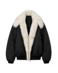 Fireladyfur Day and Night Rider black down jacket with contrasting fox fur collar front cutout