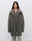 Gray Green Fireladyfur Cool Denim detachable goose down parka front model view