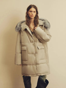 Firelady Fur Blue Winter Style light apricot women's down parka showing detachable fox fur collar detail on model