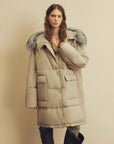 Firelady Fur Blue Winter Style light apricot women's down parka showing detachable fox fur collar detail on model