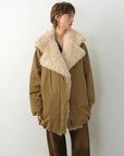 Fireladyfur Modern Introduction Khaki Sheepskin Tuscan wool collar parka side view on model