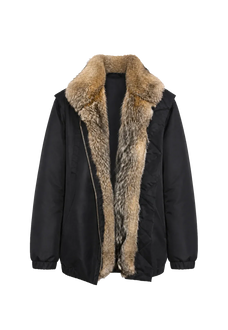 Fireladyfur Travel Notes black down jacket with fluffy fox fur collar front cutout