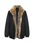 Fireladyfur Travel Notes black down jacket with fluffy fox fur collar front cutout