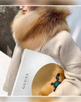 Women's red fox fur magnetic buckle scarf in Red Fox natural color – styled on model | Firelady Fur