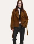 Firelady Fur Women's Waxed Sheepskin Biker Coat - Belted Asymmetric Lapel "Peninsula Black Tea" - variant_title