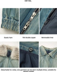 Firelady Fur Warm Mist Glass Blue denim parka detail panels showing hem zipper removable liner and fox fur collar