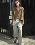Nth power sand brown suede leather jacket street view