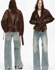 Firelady Fur Women's Waxed Sheepskin Biker Coat - Belted Asymmetric Lapel "Peninsula Black Tea" - variant_title