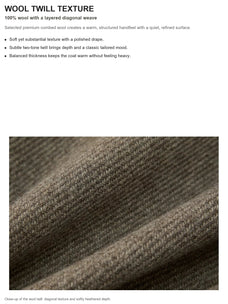 100% sheep wool twill texture detail for THE ARTM long coat