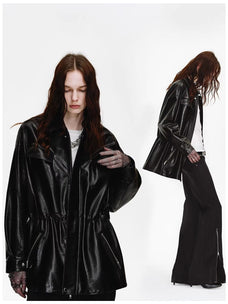 Firelady Fur Time Traveler drawstring waist leather jacket back view