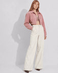 Witch Game leather pink suede jacket white pants styling