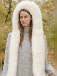 Women's fox fur hooded scarf in White – styled on model | Firelady Fur
