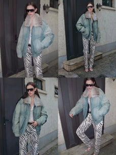 Firelady Fur Warm Mist Glass Blue denim parka street style collage with fox fur collar