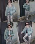 Firelady Fur Warm Mist Glass Blue denim parka street style collage with fox fur collar