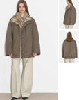 Fireladyfur Travel Notes sand green down jacket multi-view collage showing front side and back