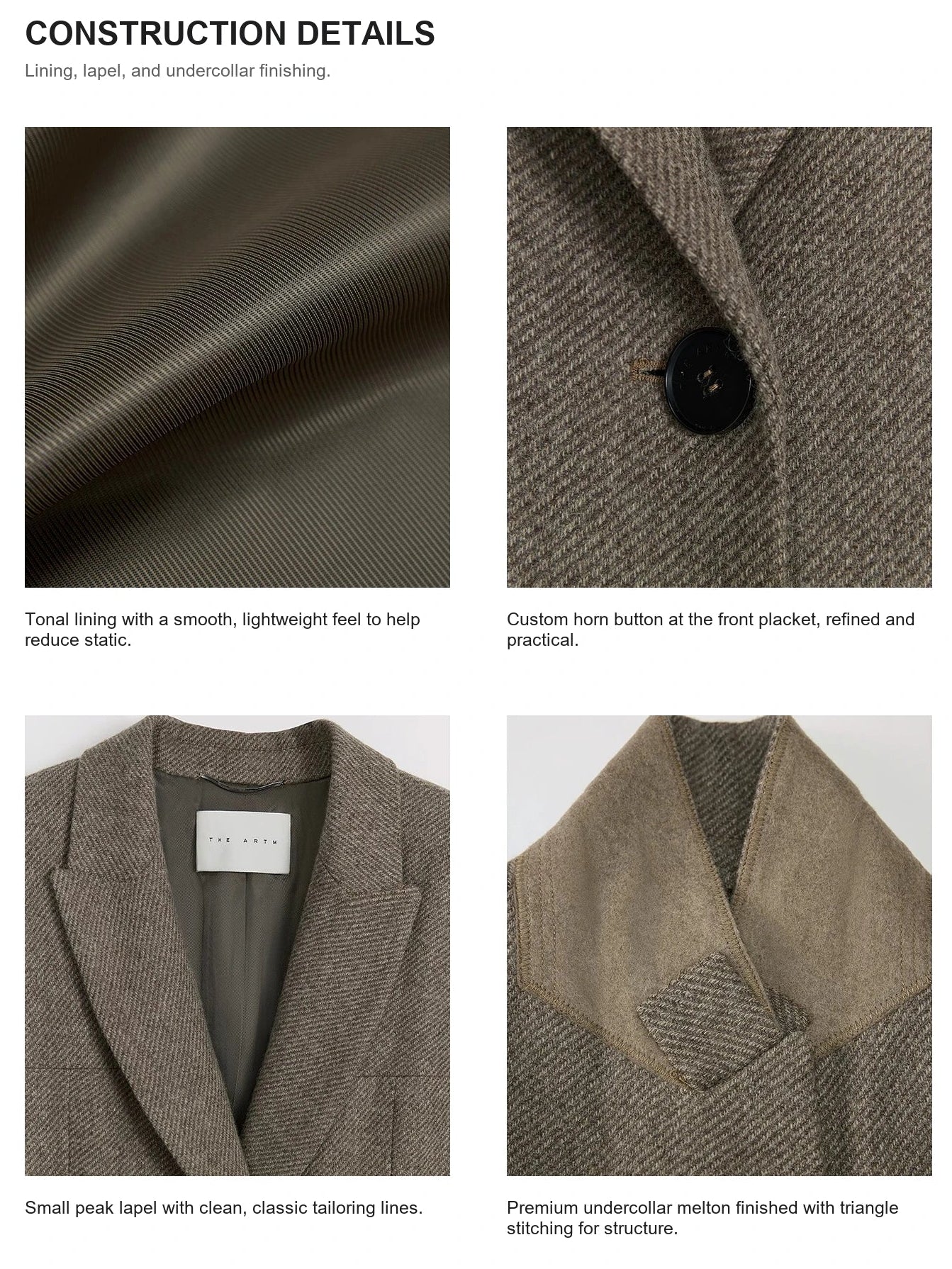 Color-matched lining and peak lapel details on THE ARTM wool coat