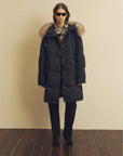 Firelady Fur Blue Winter Style Dark Blue down parka full-body model view with detachable fox fur collar