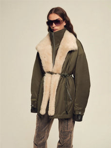 Firelady Fur The Wizard of Oz military green detachable Toscana shearling lined parka front model view