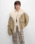 Khaki Fireladyfur Winter is Coming down jacket with detachable silhouette open front model view