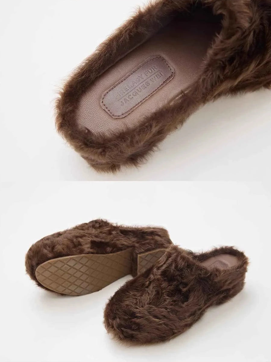 Women's fur-lined platform slip-on sneakers in Cocoa Brown – product and material detail | Firelady Fur
