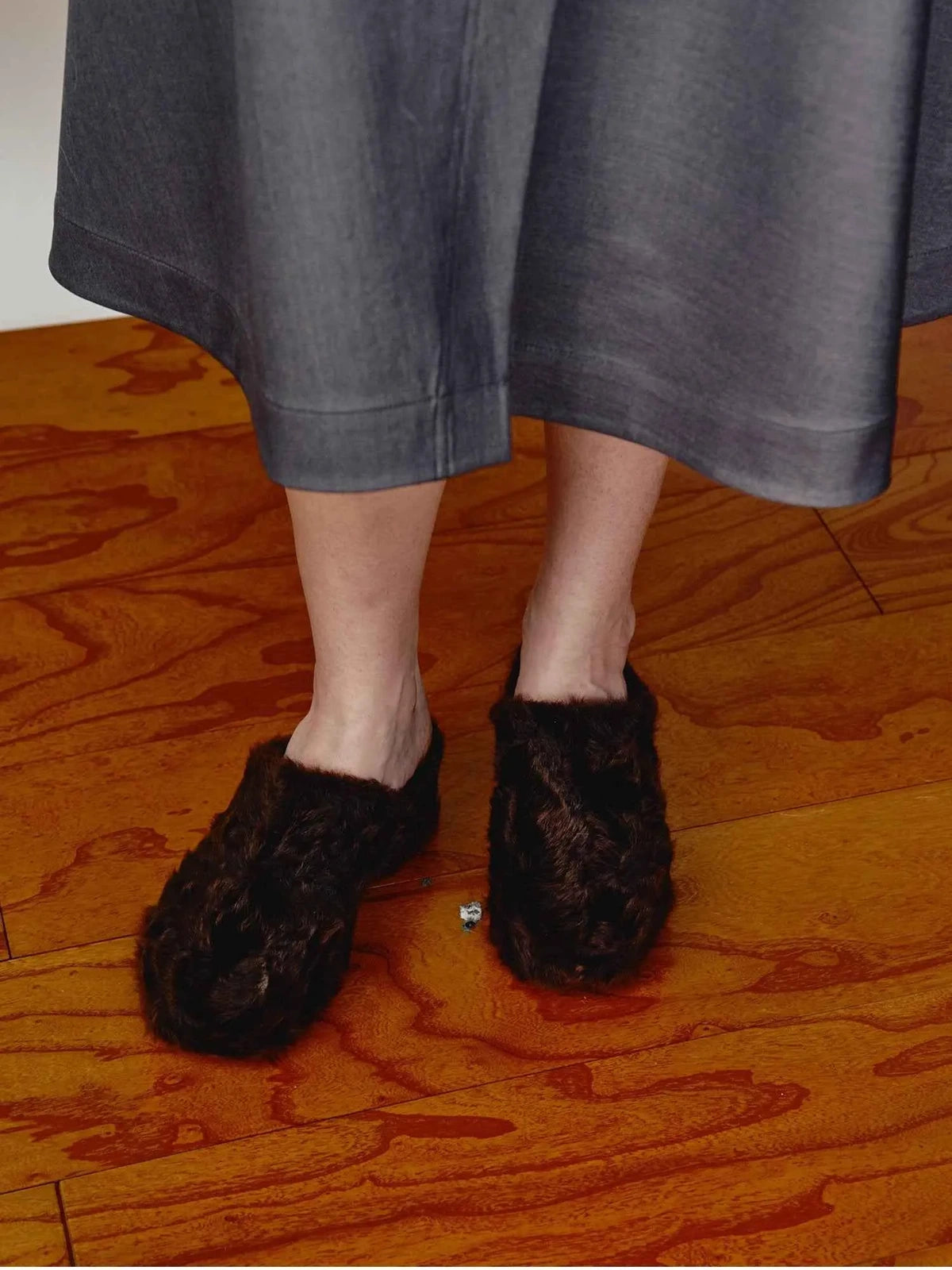 Women's fur-lined platform slip-on sneakers in Cocoa Brown – styled on model | Firelady Fur
