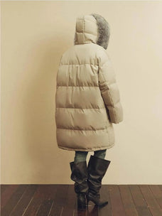 Back view of Firelady Fur Blue Winter Style light apricot goose down parka with detachable fox fur collar