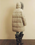 Back view of Firelady Fur Blue Winter Style light apricot goose down parka with detachable fox fur collar