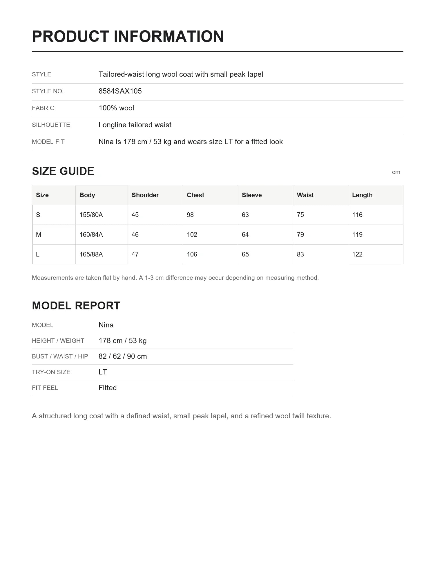 THE ARTM 100% wool peak lapel long coat size guide and product details