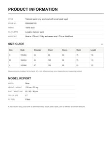 THE ARTM 100% wool peak lapel long coat size guide and product details