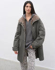 Gray Green Fireladyfur Cool Denim detachable goose down parka open front model view