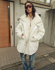 Firelady Fur Ode to the Stars white down parka street style on model with detachable Tokaj fur collar