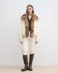 Full-body front model view of Fireladyfur Day and Night Rider off-white down jacket with fox fur collar