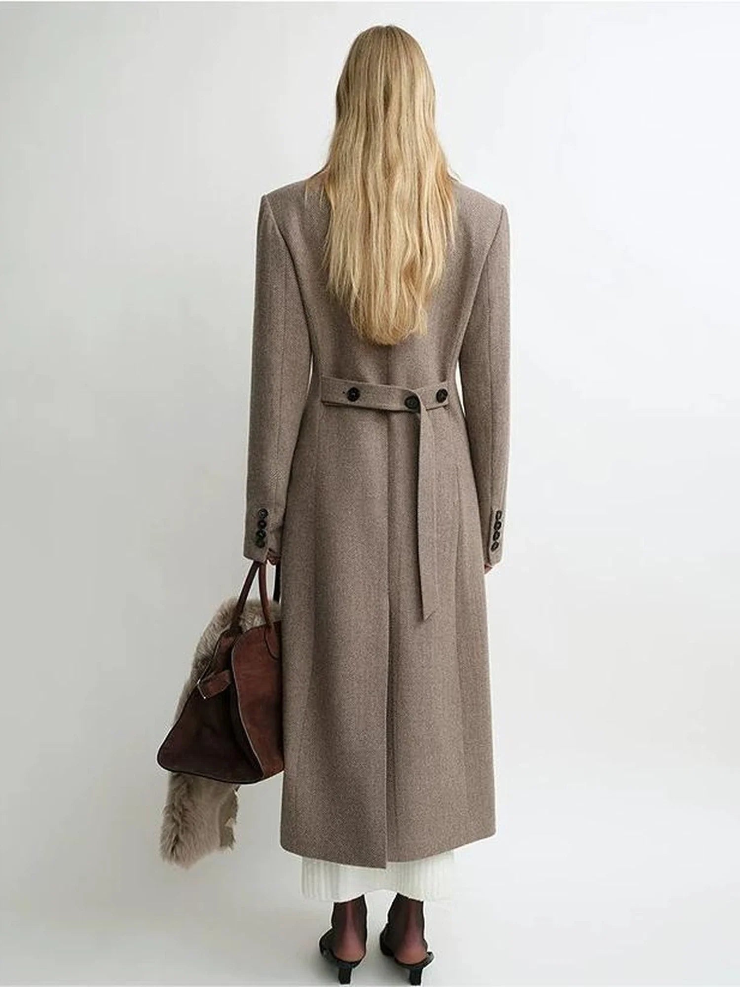 THE ARTM taupe brown belted wool long coat back view