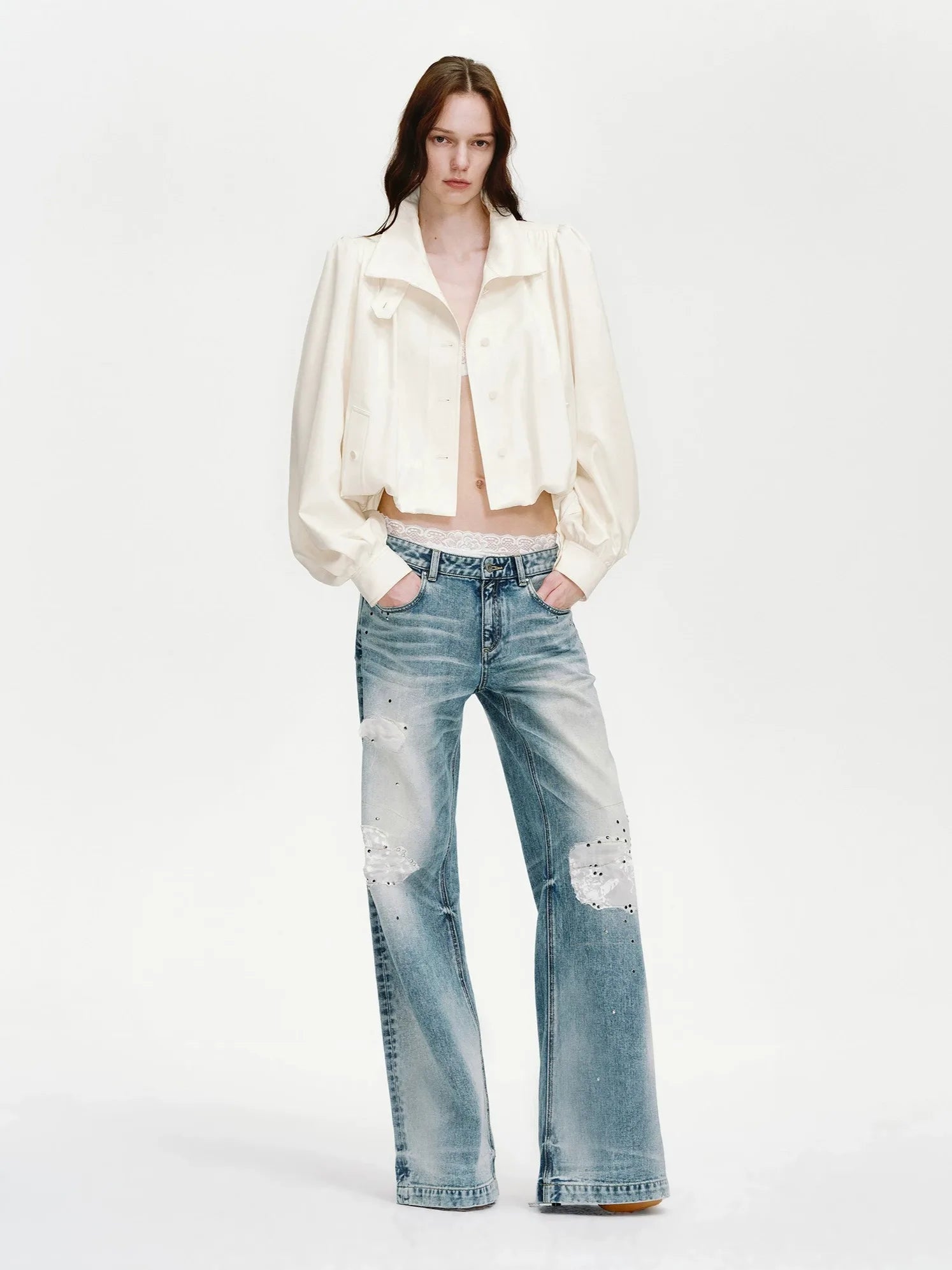 Firelady Fur Women's Cropped Trench Jacket – Ruched Balloon Sleeves