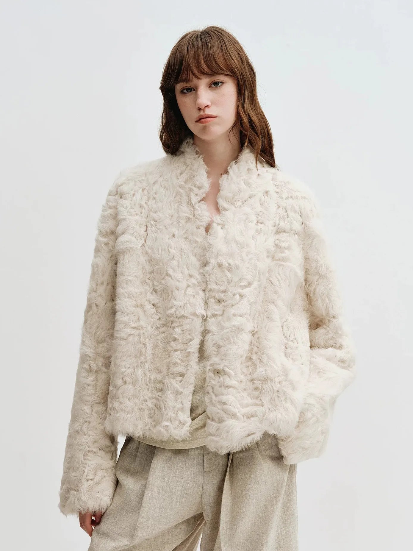 Firelady Fur Women's Young Hu Sheep Shearling Coat – Lightweight Cropped Jacket with Natural Curl Texture & Convertible Collar