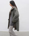 Gray Green Fireladyfur Cool Denim workwear style detachable down parka side profile