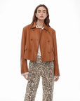 Nth power orange brown suede leather jacket full body styling