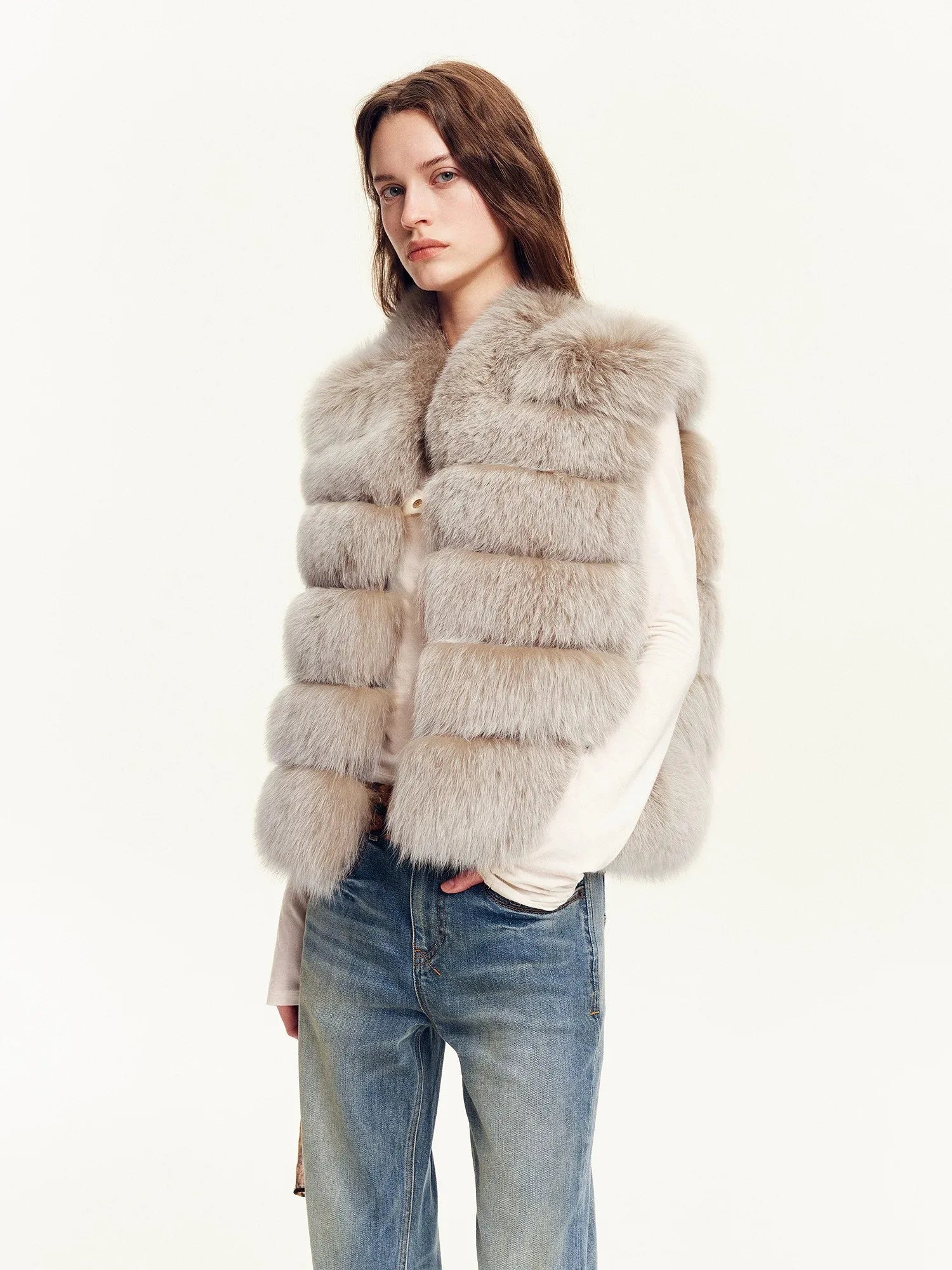 Firelady Fur Women's Finnish Fox Fur Vest – Frost-Tipped Curved Stand Collar