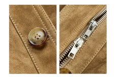 Firelady Fur Women's Suede & Oil-Wax Sheepskin Cropped Jacket – Puff-Sleeve Stand-Collar Design with Dual-Material Panels